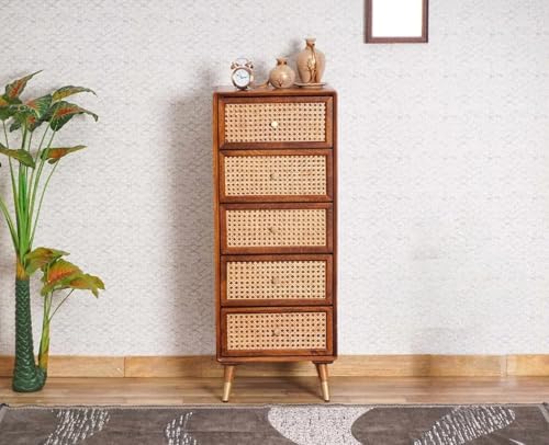 Image of Chest of Drawers | Multipurpose Console Dresser with 5-Compartment Storage Cabinet with Modern Design for Bedroom, Living Room & Office | Solid Sheesham Wood, Honey Finish(Peter)