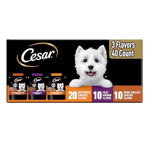 Cesar Filets in Gravy Wet Dog Food Rotisserie Chicken Flavor, Filet Mignon Flavor, and Wood-Grilled Chicken Variety Pack, Wet Food for Dogs, 1.76 oz. Mini-Pouches, 40 Count