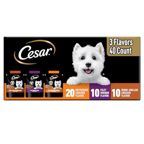 Image of Cesar Filets in Gravy Wet Dog Food Rotisserie Chicken Flavor, Filet Mignon Flavor, and Wood-Grilled Chicken Variety Pack, Wet Food for Dogs, 1.76 oz. Mini-Pouches, 40 Count