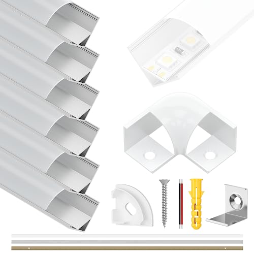 Newding LED Profil 6 x 1m, 6 Pack Led Aluminium Profil V-Form mit Weiß Milchige Abdeckung, Endkappen, und Montageklammer für LED-Streifen, LED Kanäle für LED Strips/Band bis 10 mm inkl