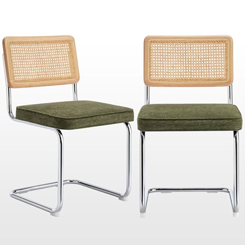 Image of Zesthouse Natural Rattan Dining Chairs Set of 2, Mid Century Modern Dining Chairs with Solid Wood Back & Chrome Base, for Kitchen Living Room, Breuer Design Inspired, Upholstered Linen Fabric, Green