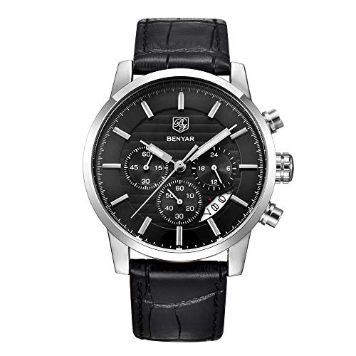 BENYAR Quartz Fashion Business Casual Men's Watch Multi-Function Chronograph Stainless Steel Waterproof Exquisite Men's Watch (Silver Black)