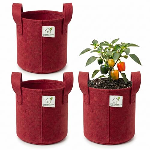 Image of 400 GSM Geo Fabric Round Grow Bags 10x10 Inch with Handle, Red Planting Bags for Terrace and Kitchen Gardening Pack of 3
