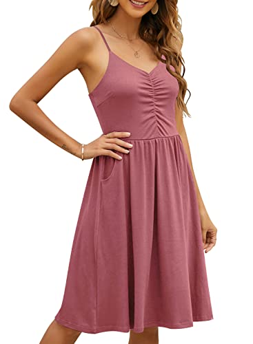 Image of YATHON Casual Dresses for Women Sleeveless Cotton Summer Beach Dress A Line Spaghetti Strap Sundresses with Pockets