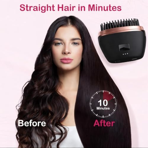 Image of Mini Hair Straightener,Cordless Hair Straightener Brush, Portable Straightening Brushhot Comb Hair Straightener For Women,Three Temperature Adjustments Flat Iron For Travel, Multicolour. (Black)