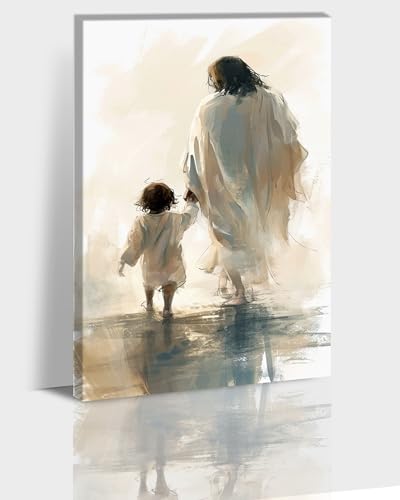 Image of Jesus Christian Wall Art, Jesus Led the Little Boy Away Canvas Print for Room Decor, Modern Jesus Religious Painting Framed, Abstract God Bless Christ Poster Artwork for Living Room Decor 12x18 Inches