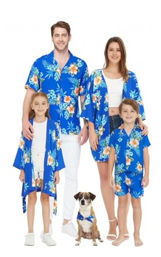 Image of Matchable Family Hawaiian Luau Men Women Girl Boy Clothes in Hibiscus Blue