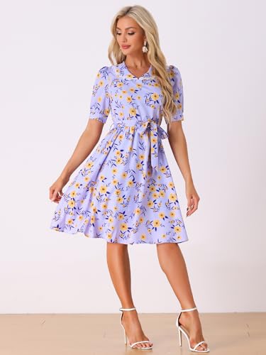 Image of Allegra K Women's Vintage Peter Pan Collar High Waist Flowy Midi Puff Sleeve Floral Dress