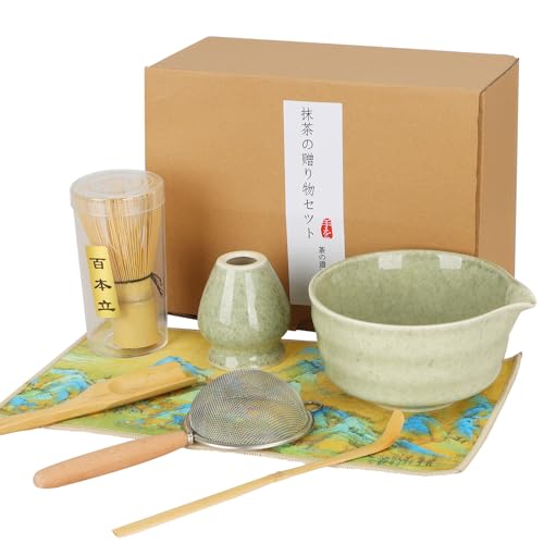 HuiJuKeJi 7-Stück Matcha Tee Set für Einsteiger - Stylisches Set mit Besen, Filter, Schale, Löffel und Tuchunterlage (Green)