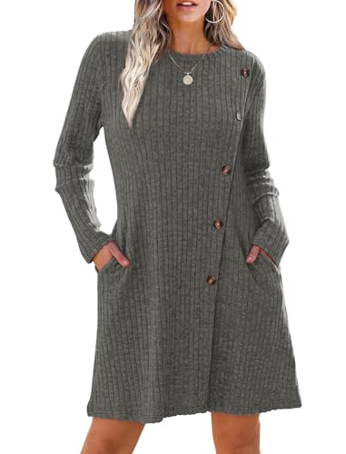 EIRUKON Vestido Punto Mujer Vestido Suéter de Manga Larga para Mujer Vestidos Túnica con Botones Laterales y Bolsillos de Otoño Invierno,Gris,XL