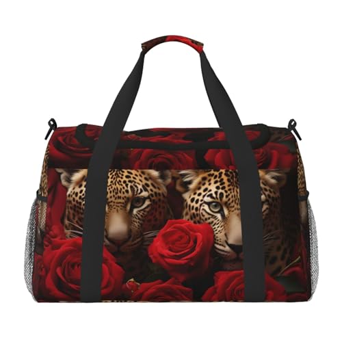 Red Rose Leopard Lover Duffle Bag Foldable Travel Tote Bag Carry On Large Weekender Overnight Bags Waterproof Gym Bag For Women Men2