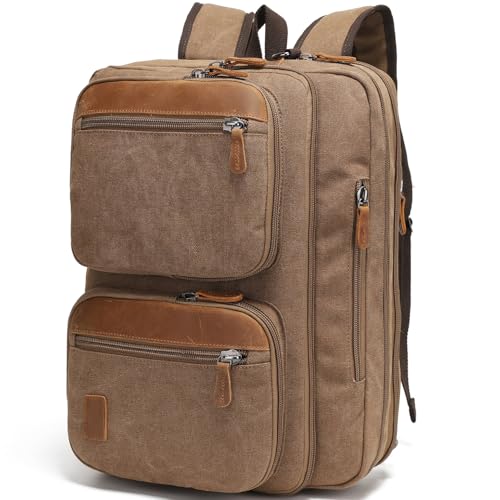 3 In 1 Messenger Bag for Men: 18.5'' Canvas Mens Laptop Computer Bag Backpack with Multiple Pockets & Laptop Sleeve & USB Port for Men Work, Carry On Crossbody Bag for Notebook, (Khaki)