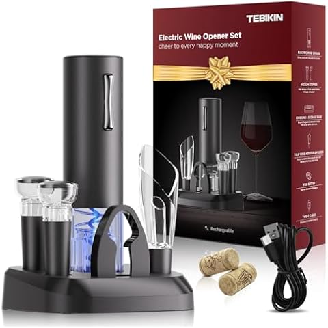 TEBIKIN Electric Wine Opener, Rechargeable with Charging Base, Automatic Wine Bottle Corkscrew Openers with Aerator Pourer, Foil Cutter, 2 Vacuum Stoppers, Gift Box, Wine Lovers Christmas Home Cover