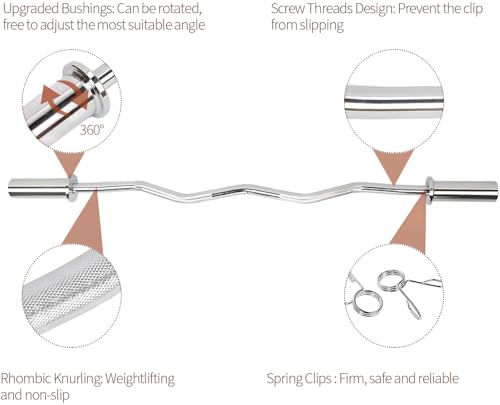 jxgzyy EZ Curl Bar Weight Bar Barbell Bar 47 Inches Weight Lifting Bar for 2 Inches Weight Plates, Non-Slip Hand Grip With 2 Spring Collars For Gym Home Exercises Squat and Deadlift Fitness - Image 6