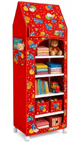 Image of HYSEYY Baby Wardrobe Plastic Kids Storage Rack with Fabric Cover & Wheels | 6-Tier Plastic Shelves Organizer | Toy, Book & Clothes Storage Cabinet for Kids Room (Red)