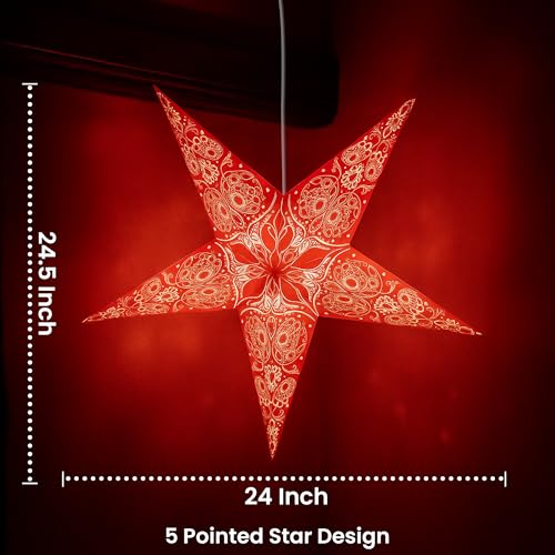 Image of GalaxyArts Paper Star Lantern, 24-Inch Maharani Red, 3D 5-Point Hanging Light Up Lamp for Christmas, Diwali, Weddings, Parties, Birthday, Handmade Foldable Indoor Outdoor Ceiling Decoration