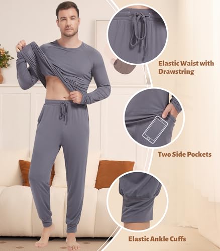 Image of NACHILA Mens Pajamas Set Long Sleeve Henley Sleepwear Top Soft Jogger Pants Pajamas Cool Pjs Set,Viscose Made from Bamboo