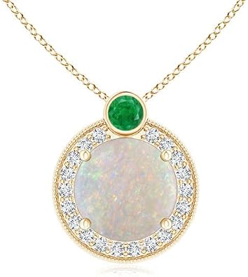 Angara Natural Opal Pendant for Women | Round Opal and Diamond Halo Pendant with Bezel-Set Emerald in 14K Solid Gold/Platinum With 18" Chain | October Birthday, Anniversary, Gemstone Jewelry Gift