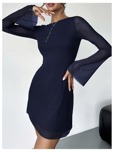 Image of GORGLITTER Women's Bell Long Sleeve Mini Dress Y2k Fall 2025 Mesh Boat Neck Going Out Club Bodycon Short Dress