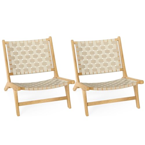 Tangkula Teak Wood Patio Dining Chair Set of 2, Outdoor Wooden Mid-Century Accent Armless Chair w/Webbing Seat & Backrest, for Living Room, Balcony, Porch, Backyard, Lawn, Poolside, Garden, Deck