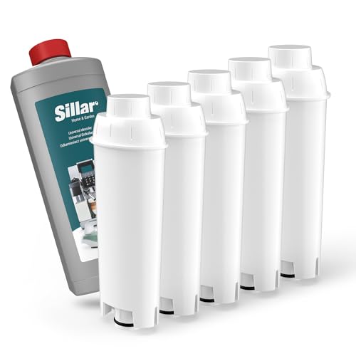 Sillar 5 Pack Wasserfilter für Delonghi Kaffeemaschinen DLSC002, SER3017 & 5513292811 - Kompatibel mit ECAM, ESAM, ETAM Serie | Passt zu Dinamica, PimaDonna + Universal Entkalker 1L