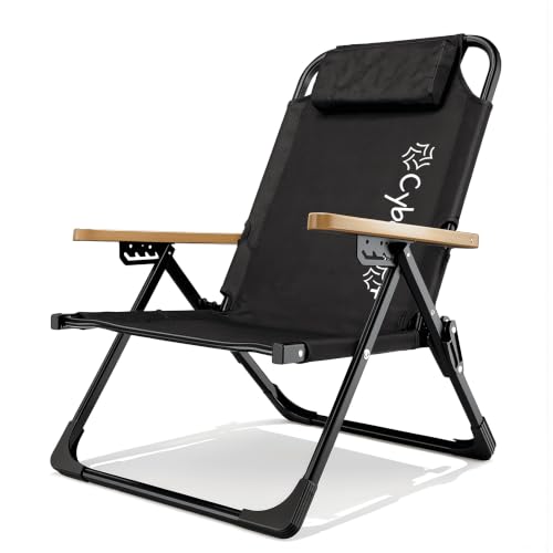 Cybert Sedia Pieghevole Reclinabile Braccioli Effetto Legno – Textilene Traspirante – Poggiatesta Removibile – 60×84 cm – Portata 120 kg (Nero)