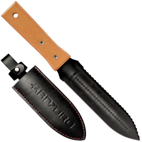 Kanzuro Hori Hori Garden Knife - Japanese Style Weeding & Digging Knife with Stainless Steel Blade, Depth Markings, Wooden Handle & Protective Sheath - Black