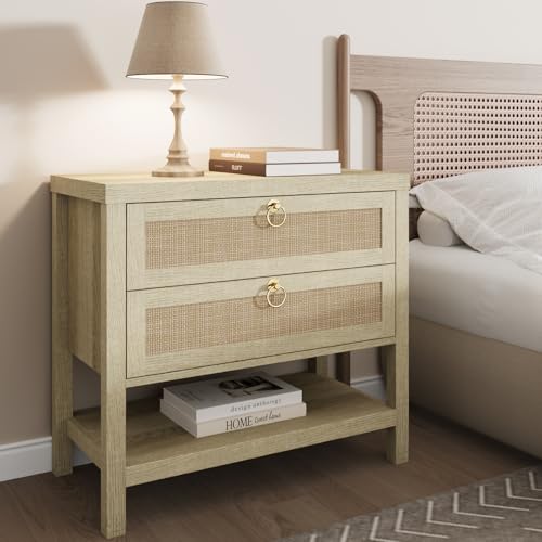 Image of Eclatara Large Rattan Night Stands:Boho Nightstand with Drawers and Storage Shelf, Reclaimed Light Oak Bedside Table End Table Side Table for Bedroom(Reclaimed Light Oak,1 Piece)