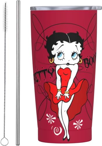 Asamike タンブラー マグカップ 大容量 コーヒーカップ ストロー付き ストローブラシ付き アニメ ベティちゃん ベティブープ マグカップ コンビニカップ 携帯マグ ステンレス製 蓋付き 保温 保冷 ボトル コーヒー ビルー 持ち運び 直飲み 水筒