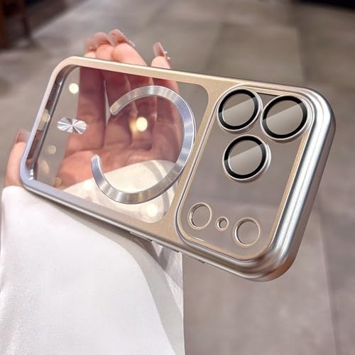 EKROTOK Capa Para iPhone Com Proteção Câmera,Capa Magnética Transparente Galvanizada Para iPhone Compatível Com Mag-safe (prata, iPhone 17Pro Max)