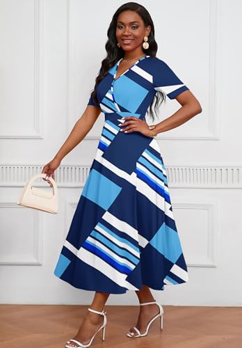 Image of MarryUP Women's Midi Dresses - V Neck Cocktail & Church Tea Dresses - Short Sleeve A-Line Swing Dress
