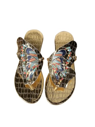 Women's Boho Butterfly Thong Sandals Metallic Open Toe Flip Flops Dressy Flat Sandals Casual Vacation Beach Slippers