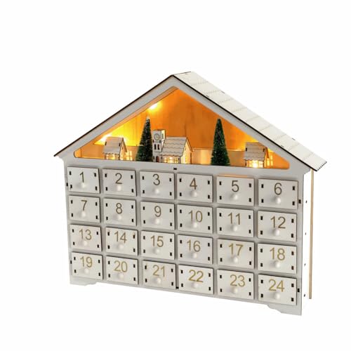 Hodeffior Calendario de Adviento de madera de Navidad con 24 cajones, casa de pino, calendario de cuenta regresiva, caja de almacenamiento multiusos para manualidades
