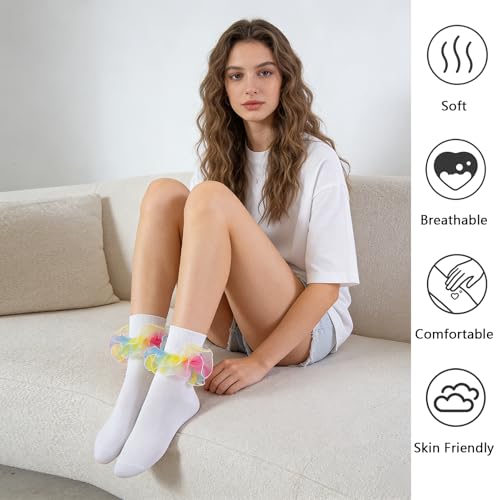 Image of Women Big Ruffle Ankle Socks Adult Double Lace Frilly Socks Fold Cuff Cotton Ruffled Dress Crew Bobby Bride Sock