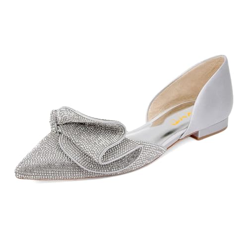 XYD Women Sparkle Pointed Toe Flats D'Orsay Slip On Slides Elegent Folded Bow Silk Satin Wedding Bridal Party Evening Comfort Shoes
