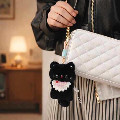 Image of Cute Black Cat Plush Keychain with Pink Gingham Bib & Red Nose | Soft Mini Kitty Bag Charm with Hanging Loop Strap | Kawaii Keyring Gift for Girls, Kids & Cat Lovers