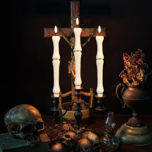 Image of Halloween Flameless Taper Candles with 6H Timer, 2 Pcs Hand-Painted Bone Sculpture Shape LED Candlesticks with 3D Flickering Flame for Home Fall Indoor Halloween Decor(0.78 x 11.6 Inches)