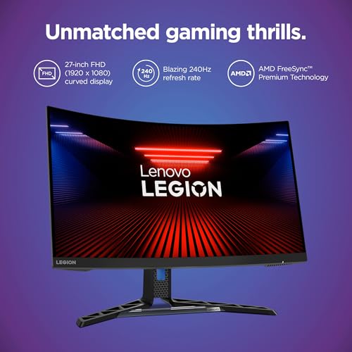 Image of Lenovo Legion R27fc-30 Gaming Monitor, 27 inch FHD Curved, 280Hz, 0.5ms MPRT, AMD FreeSync, VESA Adaptive Sync, Lift /Tilt /Pivot /Swivel Stand, HDMI 2.1 and DisplayPort 1.4, 350 nits, Raven Black