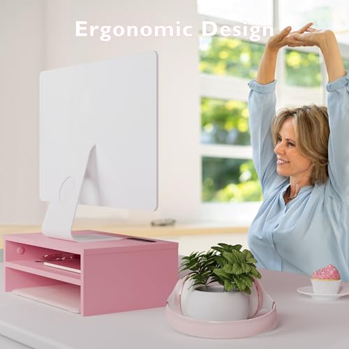 image for BONTEC Wooden Monitor Stand Riser, 2-Tier Desk Shelf with Storage Orga