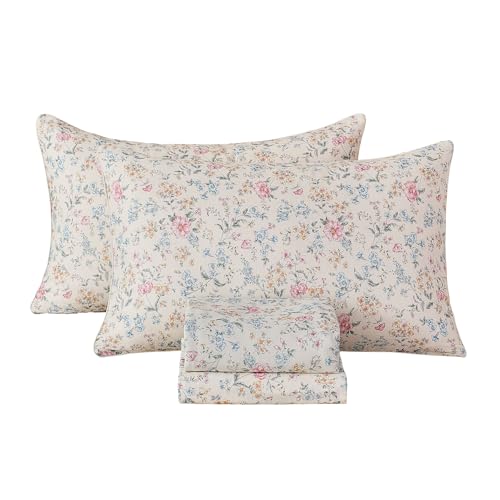 Image of FADFAY Muslin Cotton Floral Sheet Set King Size, Soft Breathable Lightweight Spring Summer Bedding Set with Fitted Sheet, Flat Sheet & Pillowcases, Multicolor Botanical Sheets