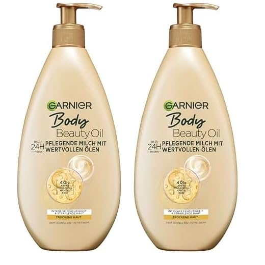 Garnier nährende Öl Milch/Körper Öl mit 4 wertvollen Ölen: Argan, Macadamia, Mandel, Rose, für trockene Haut- fettet nicht, klebt nicht, Oil Beauty, 2er Pack - 400ml