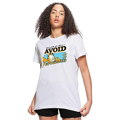 Image of Bewakoof X Official Garfield Merchandise Women's Selective Participation Graphic Printed 100% Cotton T-Shirt - Boyfriend Fit, Round Neck, Half Sleeves, Loose Fit