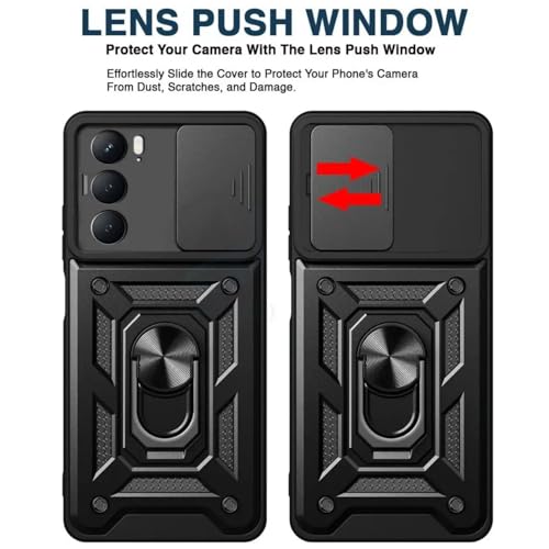 Image of SPAZY CASE Realme Narzo 80x 5G Back Cover | Heavy Duty Hybrid Case with 360 Degree Rotating Finger Ring Holder + Slider Shutter Camera Protection Case for Realme Narzo 80x 5G - Black