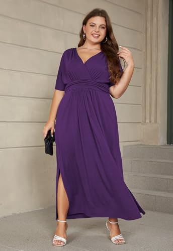 Image of Keluummi Plus Size Maxi Dress for Women Floral Empire Waist V-Neck 3 /4 Sleeve with Pockets