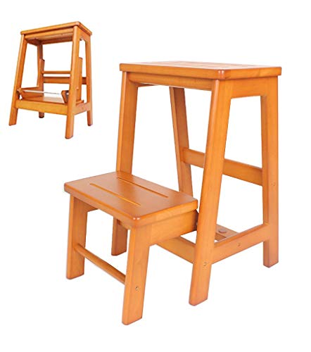 Escalera de taburete plegable en madera de caucho de 2 peldaños color miel 3
