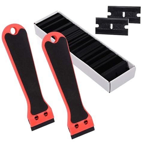 Huybaa 2 Grattoir Plastique avec 100 raclettes, Outil de Grattoir, Long Manche Grattoirs, pour Enlever les étiquettes, a colle, la peintureAutocollants et décalcomanies, Rouge