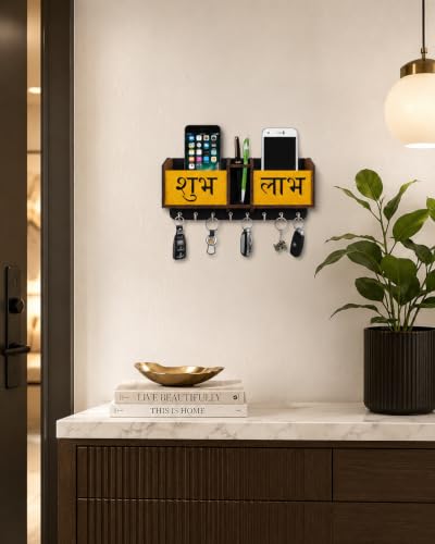 Image of Shubh Labh Key Holder Unique Designer 2 Pocket Pen and Mobile Stand Stainless Steel 8 Hooks Wooden Key Holder for Home, Key Stand for Wall, Key Organizer for Office, Hall Decoration