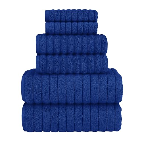 Image of Elegant Comfort 100% Turkish Cotton Corduroy Ribbed Luxury Bath Towels 6-Piece Set, Premium Feel - Quick Dry, Highly Absorbent, Contains 2 Bath Towels, 2 Hand Towels, and 2 Washcloths, Royal Blue