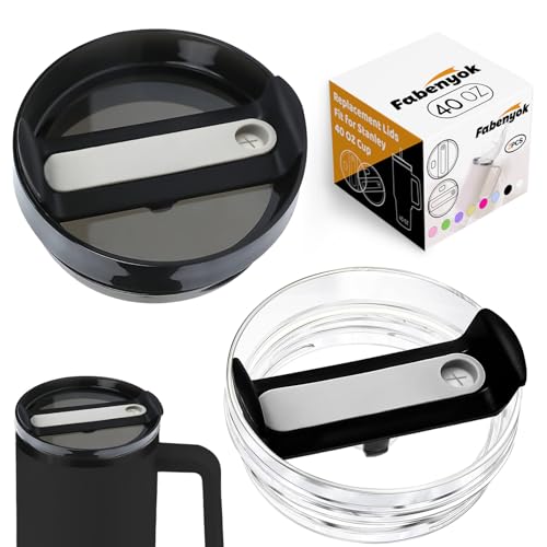 Fabenyok 40 OZ Tumbler Lid Replacement Fit for Stanley Cup, 2 Pack Clear Replacement Lids Fit for Stanley Travel Tumbler, Spill Proof Tumbler Covers for Stanley Cup Accessories (Black)