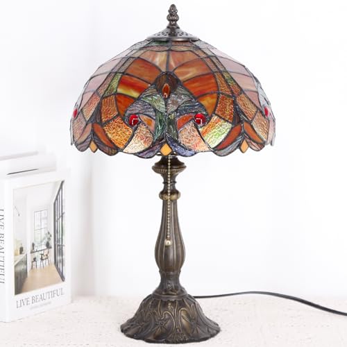 Image of 12 Inch Tiffany Stained Glass Lamp Shade Replacement Only (Red) | Stained Glass Style Lampshade with Cap fit for Table lamp Pendant Light Ceiling Fixture